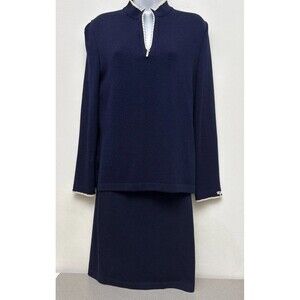 St John Sport 2 Piece Knit Skirt Set, Navy Blue, 1/4 Zip,‎ Long Sleeve, Small/6